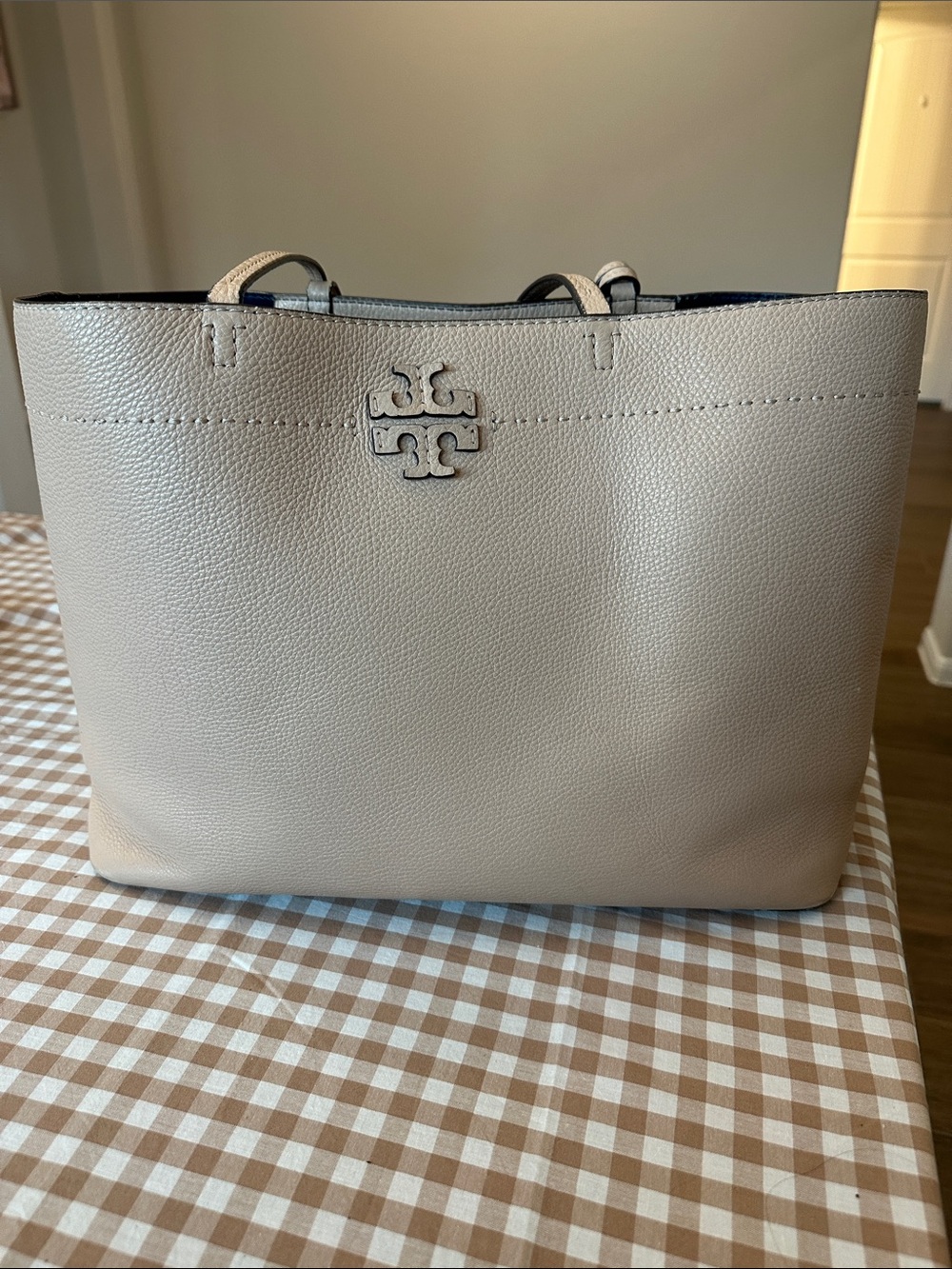 Tory Burch Pebbled Cream Leather Tote with Logo